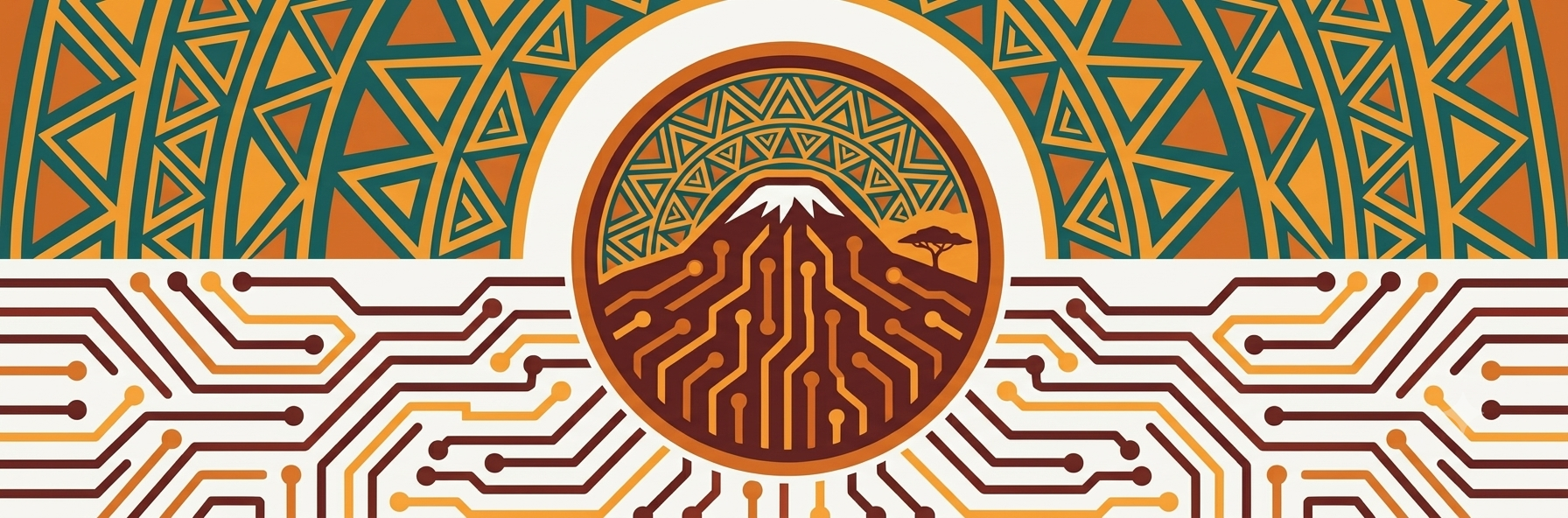 Hadhi Tech banner — Kilimanjaro rendered as circuitry within Kanga-inspired patterns